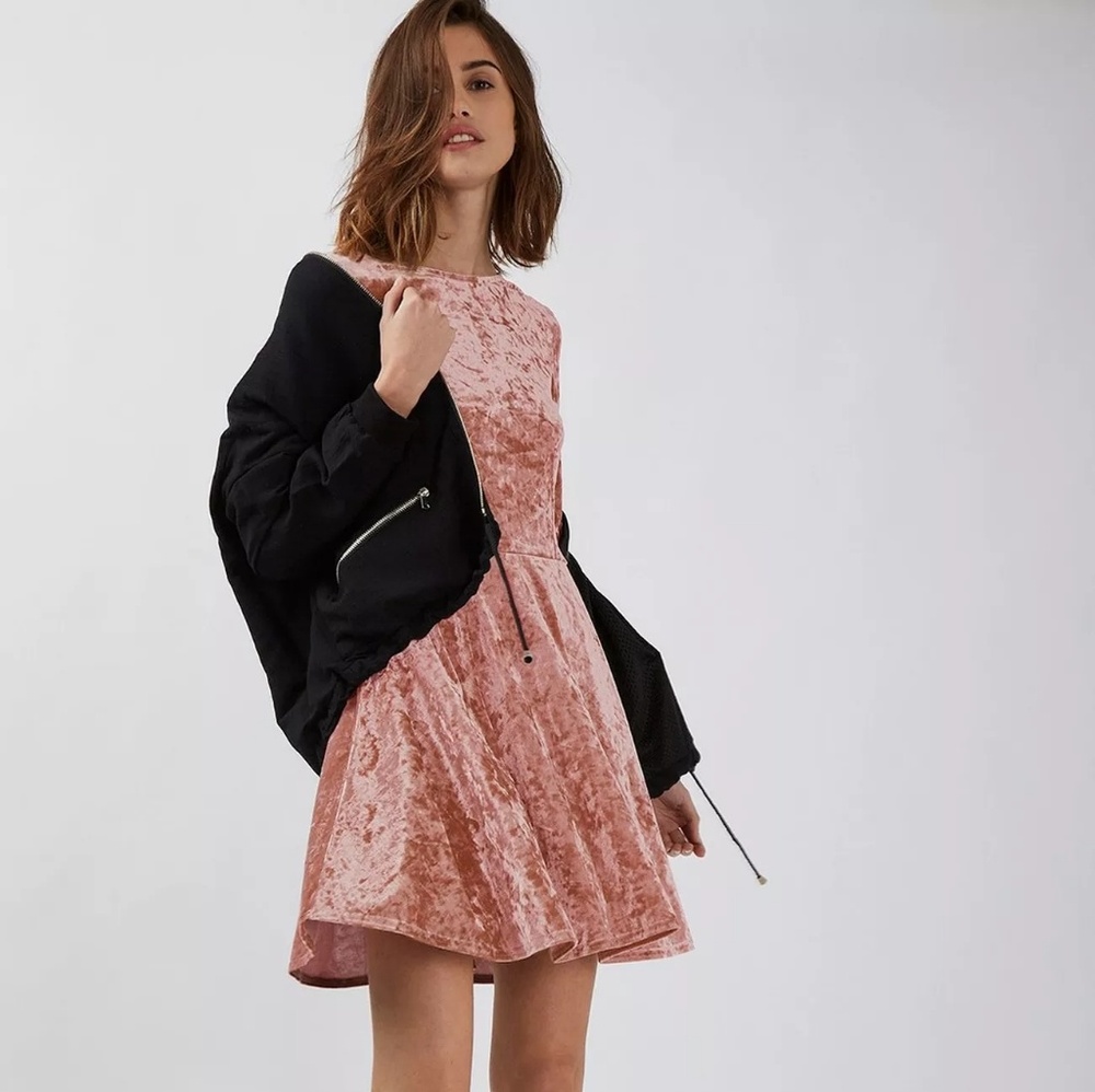 Topshop Crushed Velvet Rose Gold Skater Dress
